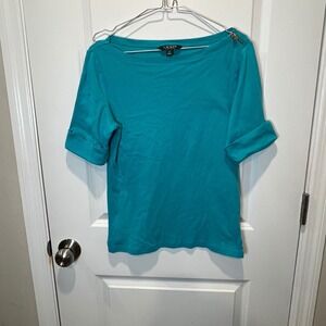 Lauren‎ Ralph Lauren Teal Blue Boat Neck Top Gold Zipper Accent Size Medium